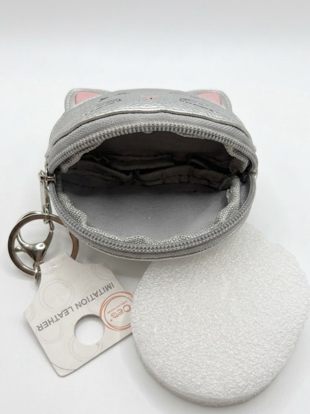 Silver Cat Zipper Coin Purse Keychain or Clip on Bag Charm - Picture 2 of 2